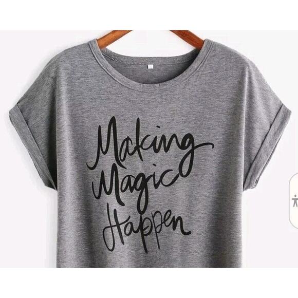 Revolve Making Magic Happen T-shirt Sz L GRAY Cursive Letters Preppy Boho Casual - Picture 2 of 13
